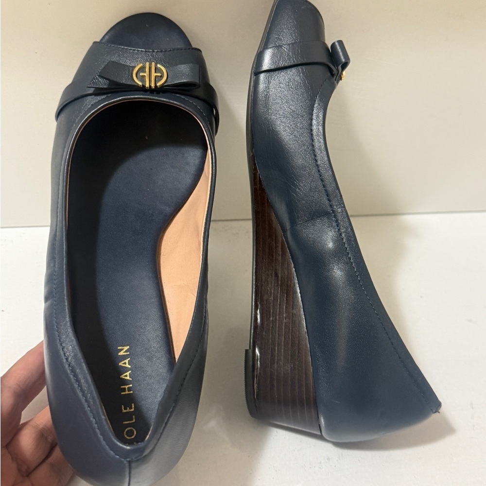 Cole Haan Women's Navy Peep-Toe Flats with Gold Accent - Picture 10 of 16
